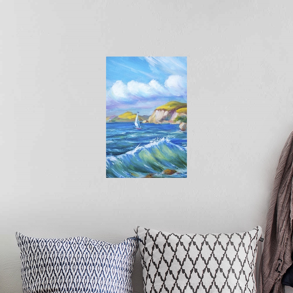 A bohemian room featuring Sailing boat in the sea. Originally an oil painting.