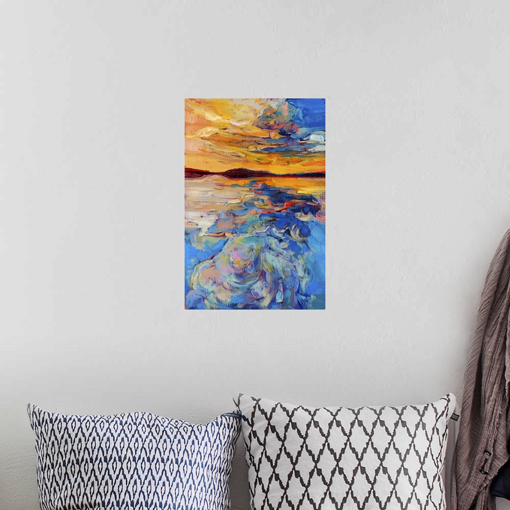 A bohemian room featuring Originally an oil painting of sea and sky on canvas. Sunset over ocean. Modern impressionism.