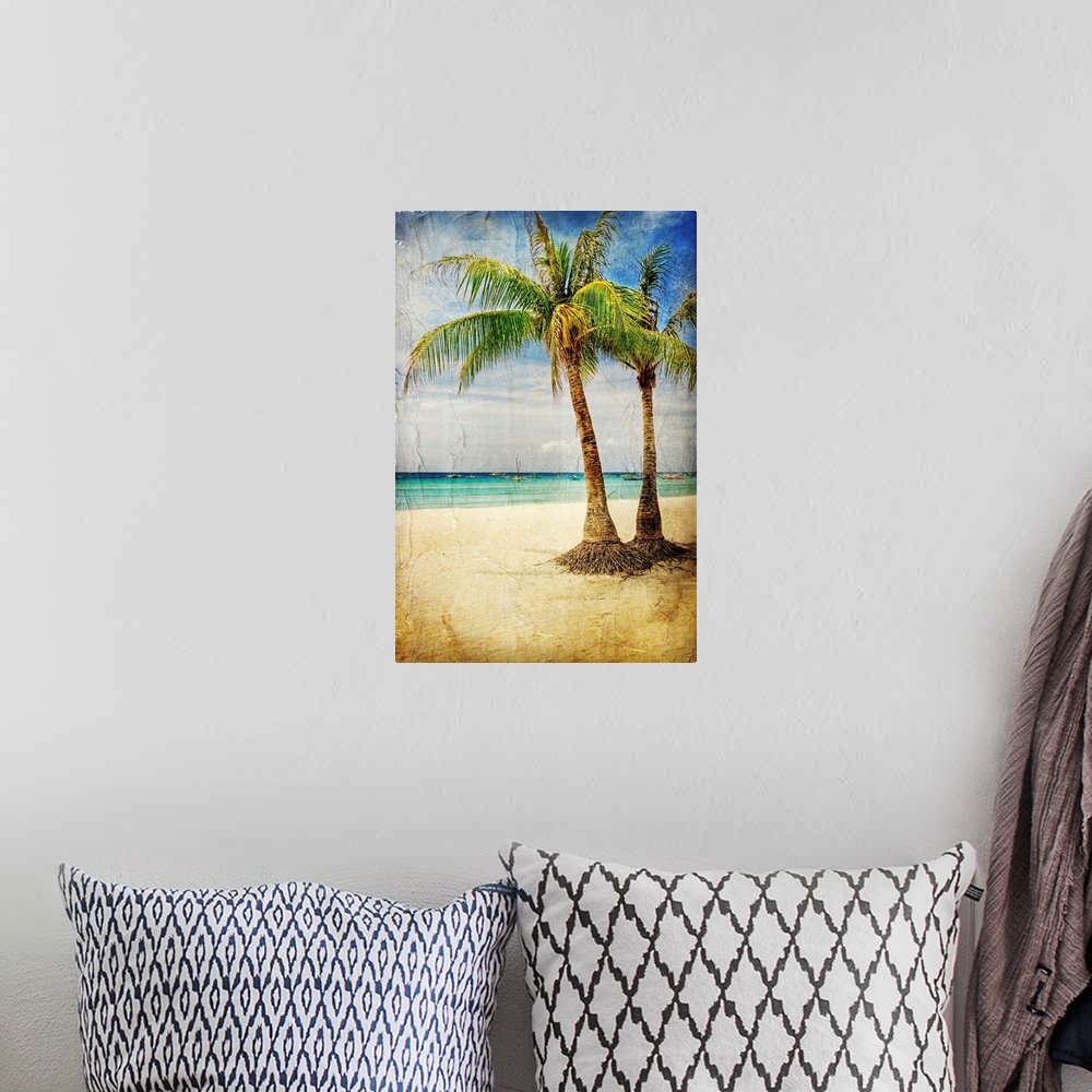 A bohemian room featuring Tropical beach - artwork in painting style.