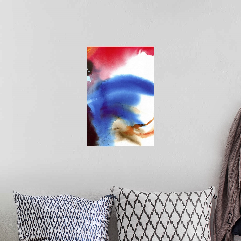 A bohemian room featuring Contemporary abstract painting of soft washes of bright red and blue.