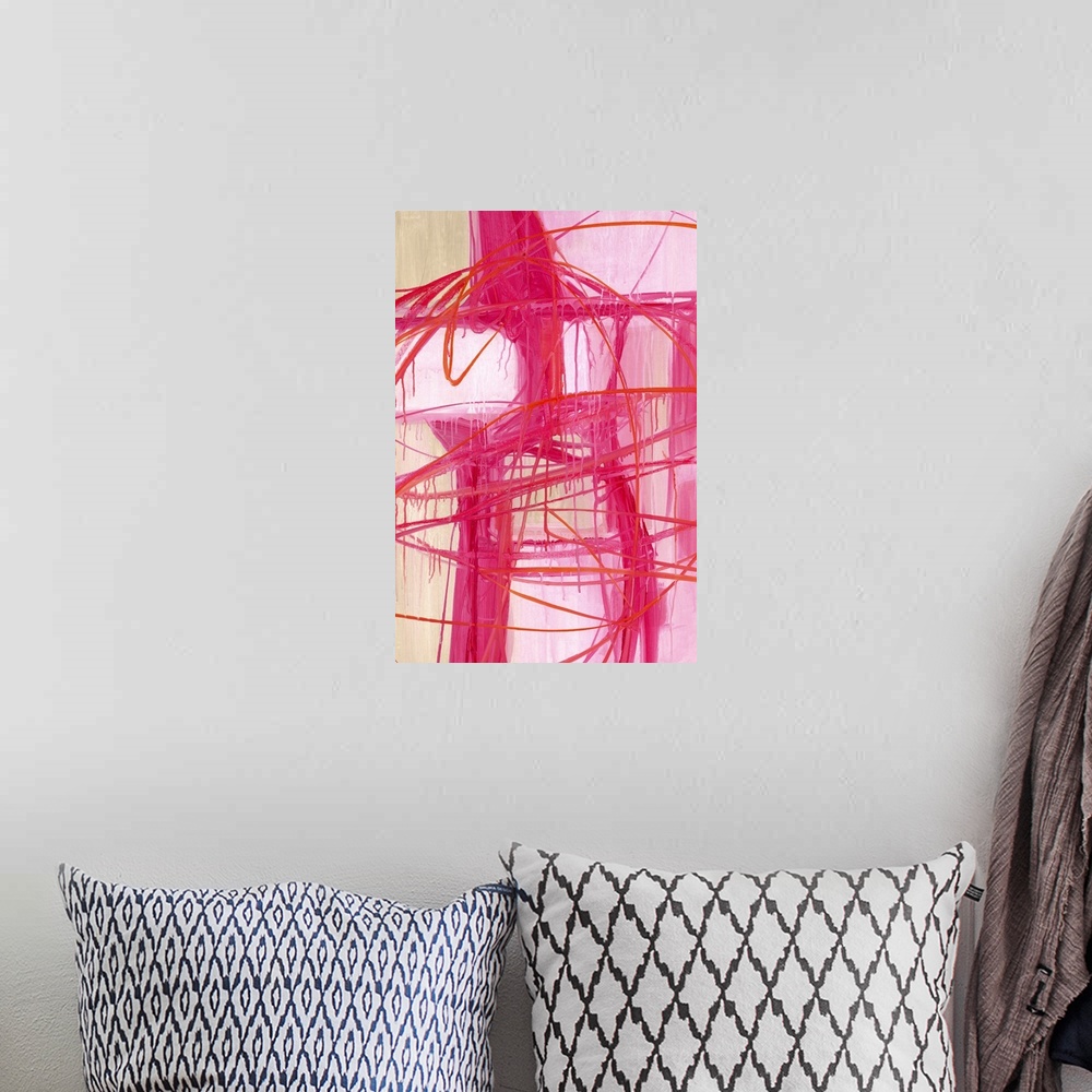 A bohemian room featuring Contemporary abstract artwork in pink shades with broad strokes of paint with a dripping appearance.