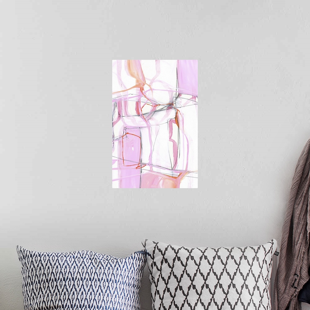 A bohemian room featuring Contemporary abstract artwork in pastel shades of pink and white.