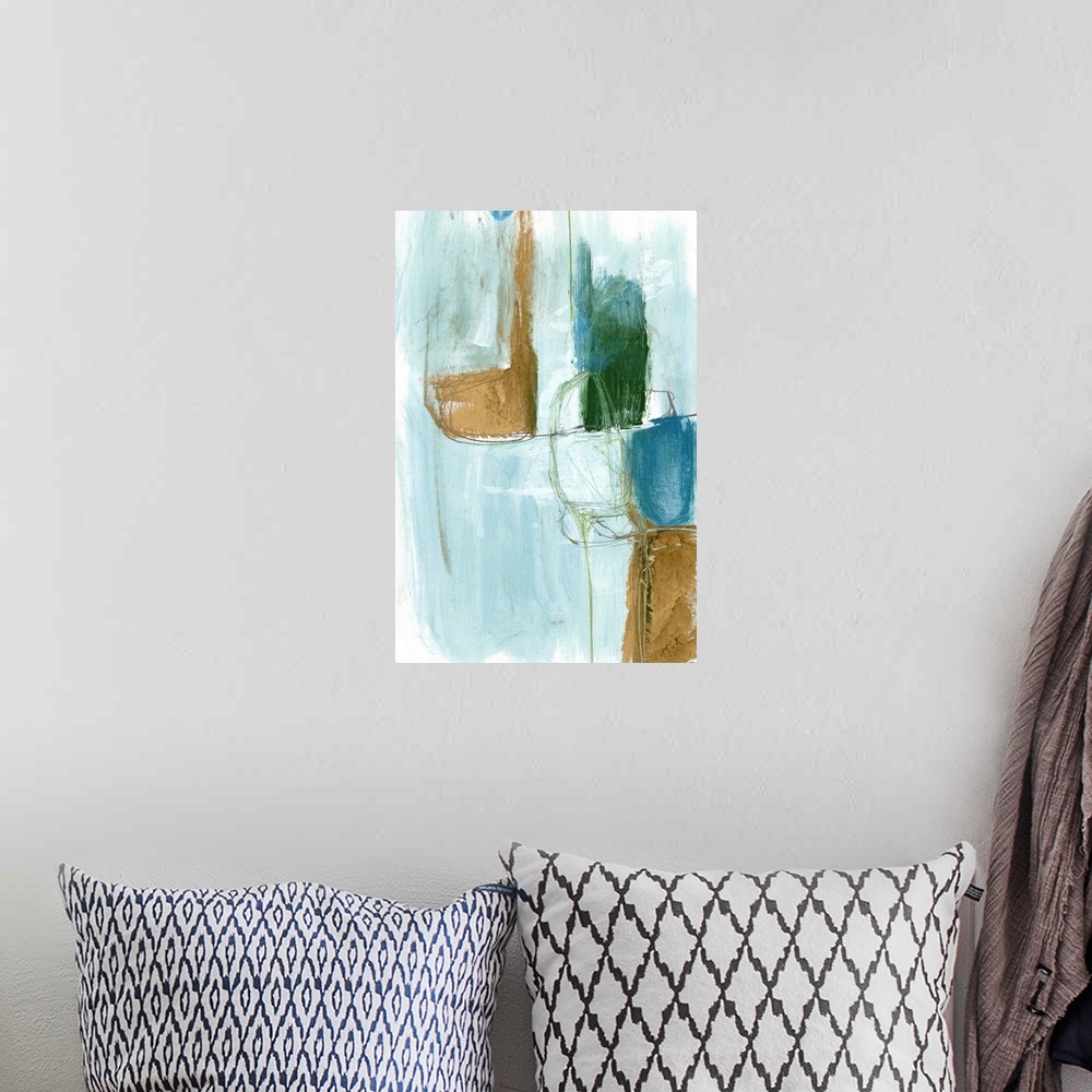A bohemian room featuring A contemporary abstract painting of globular shapes in muted against a pale blue background.