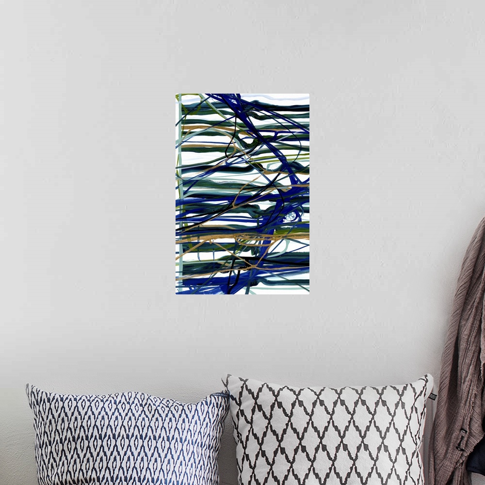 A bohemian room featuring A contemporary abstract painting using dark blue tones in splattered and horizontal stroke patterns.