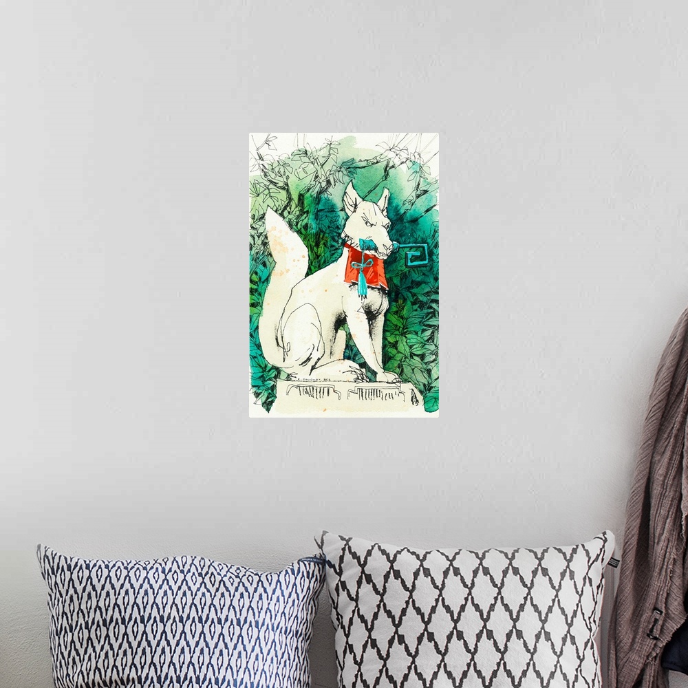 A bohemian room featuring Watercolor and ink illustration of one of the many fox statues on the grounds of the world-famous...