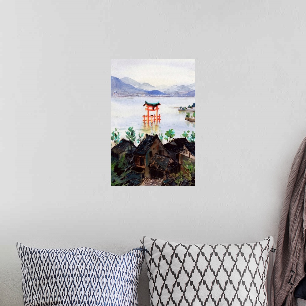 A bohemian room featuring Watercolor and acrylic painting of one of the most famous scenes of Japan, the magnificent vermil...