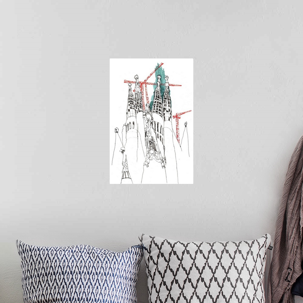 A bohemian room featuring Drawing I made at the foot of the famously under construction cathedral by Gaudi. I used a minima...