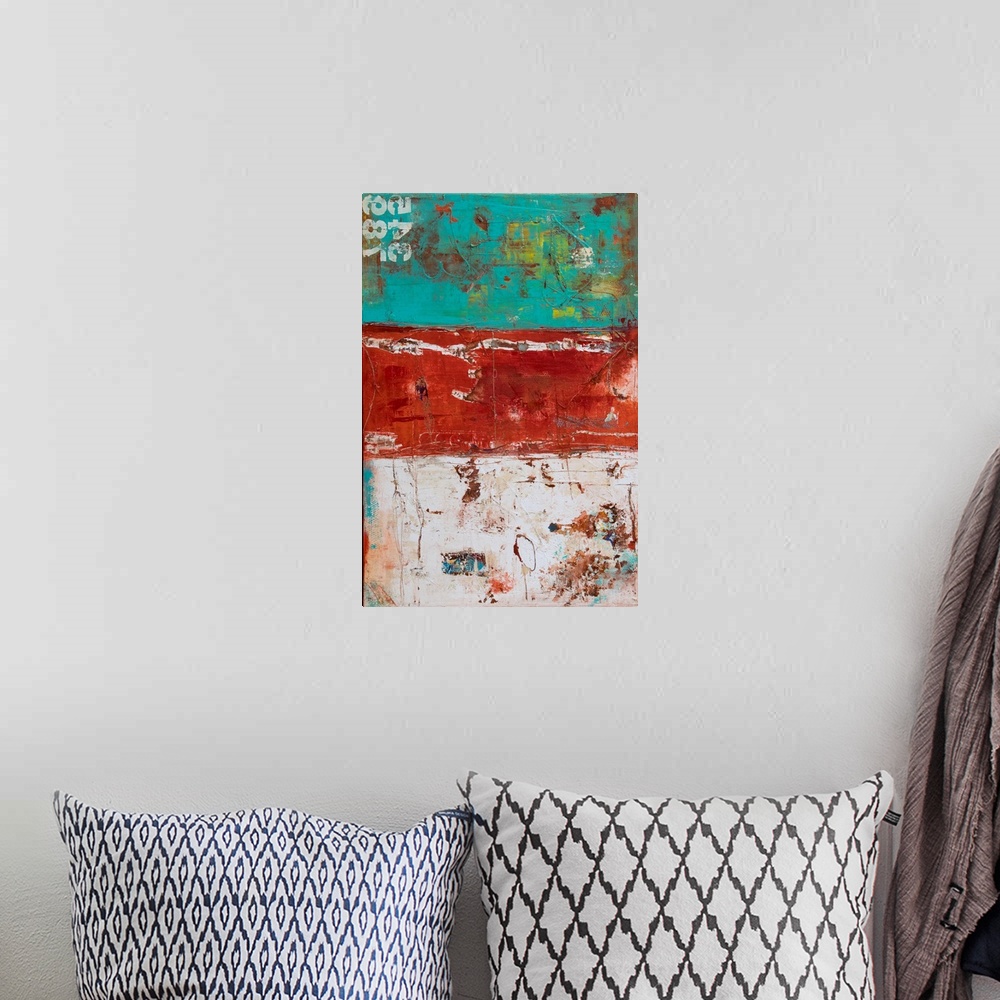 A bohemian room featuring Textured abstract painting in layered sections of teal, red, and white with pops of yellow on top...