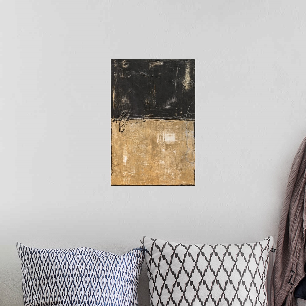 A bohemian room featuring Abstract painting with textured gold and black splitting the painting in half with a thin, black ...