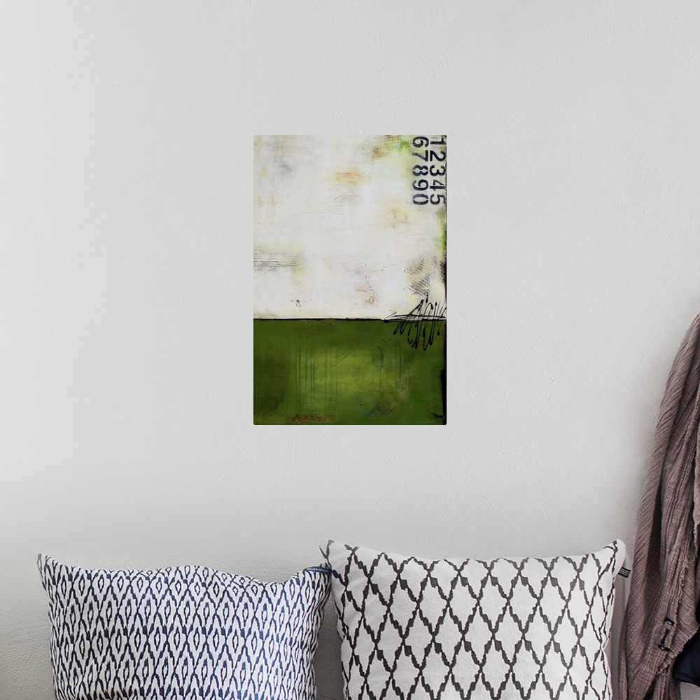 A bohemian room featuring Contemporary abstract painting using dark green and stenciled numbers.