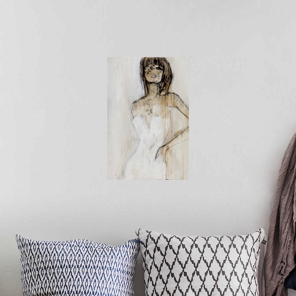 A bohemian room featuring A contemporary abstract painting of a brunette woman wearing a white strapless dress with her han...