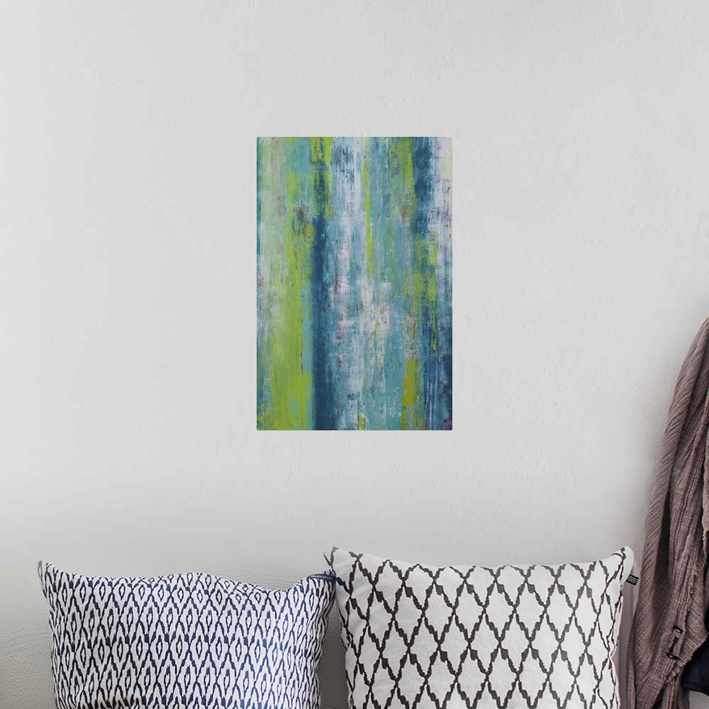 A bohemian room featuring Contemporary abstract painting using dark green and blue tones.