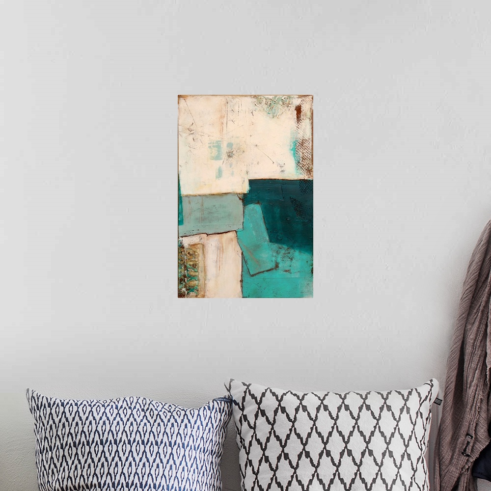 A bohemian room featuring Contemporary abstract painting of a color-field of weathered cream and teal colors.