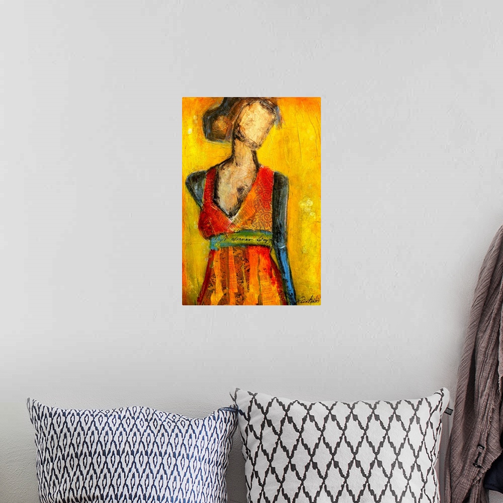 A bohemian room featuring Modern art piece featuing a faceless woman in a bright sun dress looking off into the distance. W...