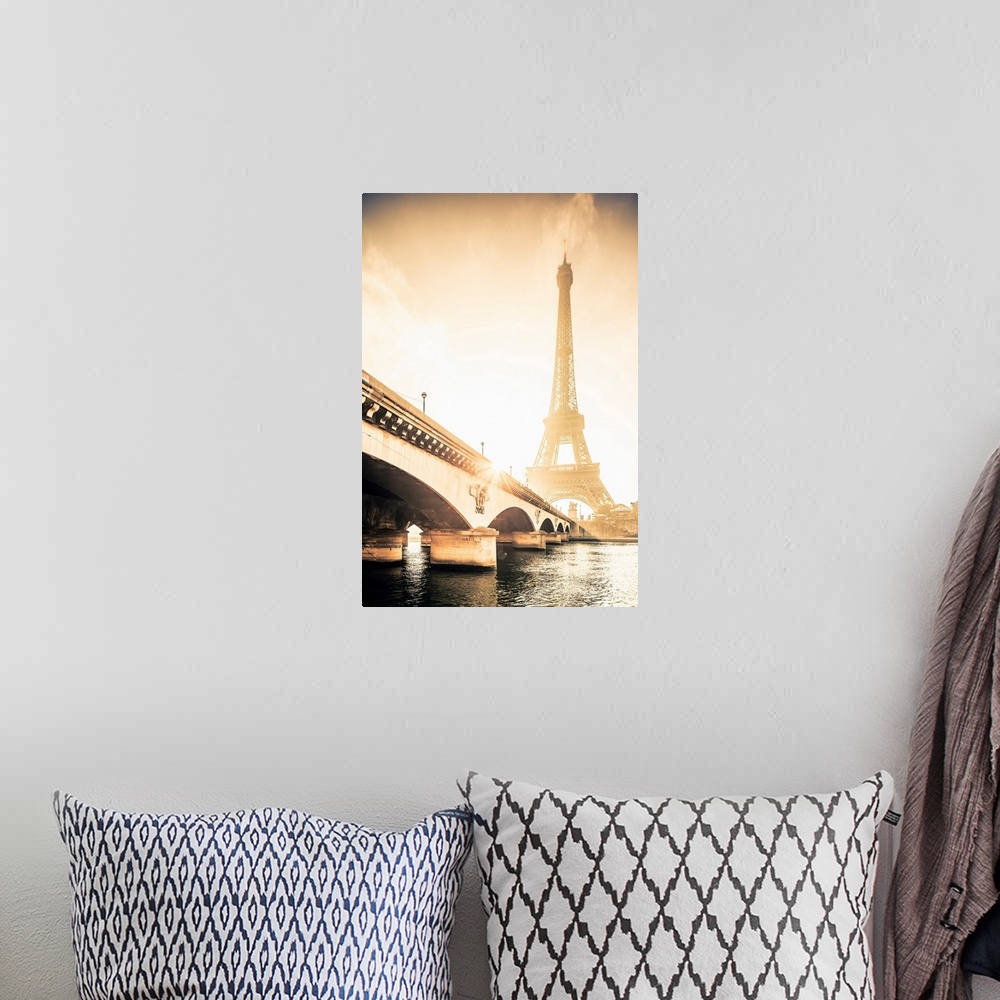 A bohemian room featuring France, Ile-de-France, Seine, Ville de Paris, Paris, Invalides, The Eiffel Tower at sunrise.