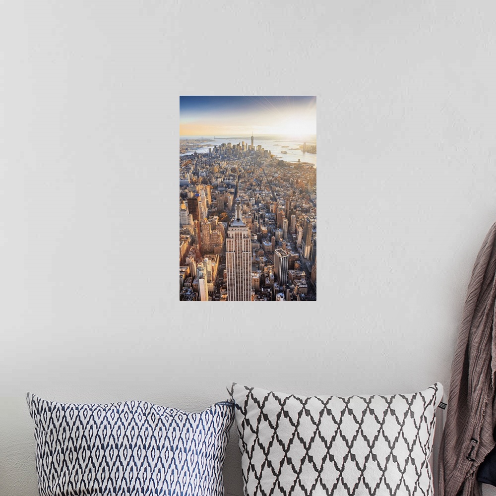 A bohemian room featuring USA, New York City, Hudson, Manhattan, Midtown, Aerial view of Empire State Building, towards Low...