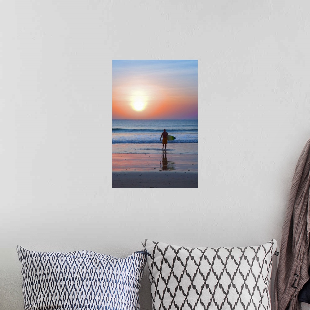 A bohemian room featuring Indonesia, Bali Island, Jimbaran, Surfer on the beach at sunset