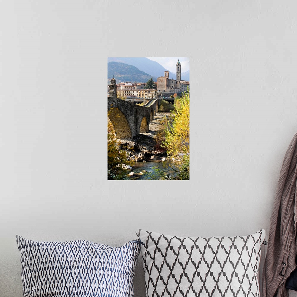 A bohemian room featuring Italy, Italia, Emilia-Romagna, Bobbio town, Gobbo bridge on Trebbia river