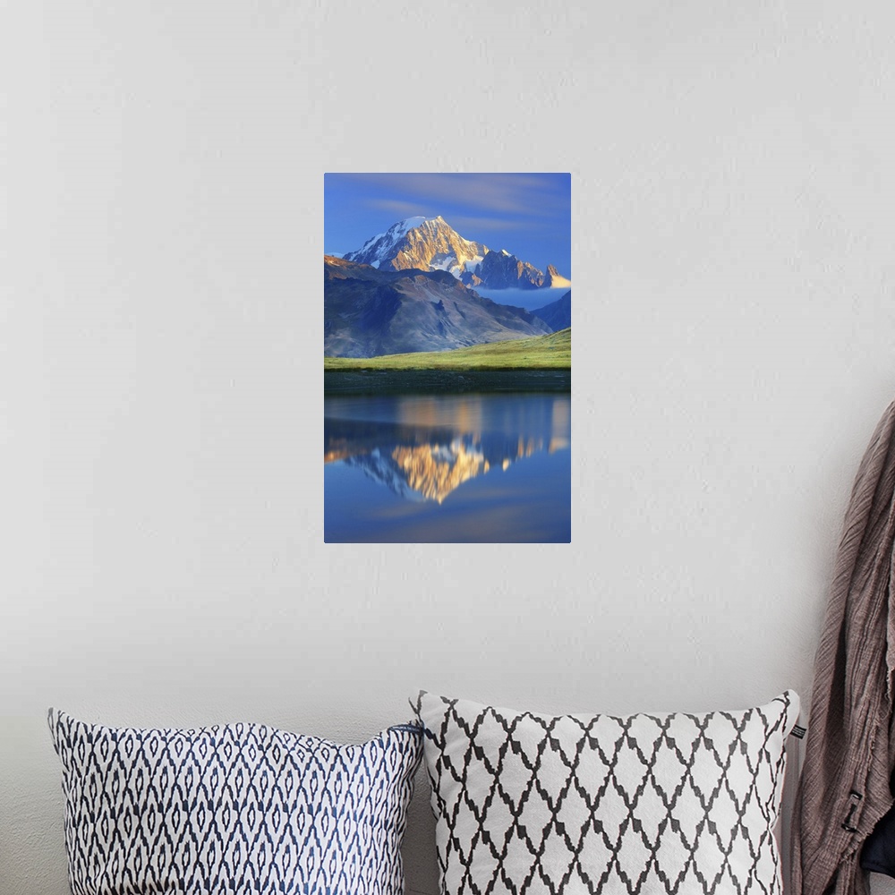 A bohemian room featuring Italy, La Thuile, Little St Bernard Pass, Alps, Mont Blanc Mountain, Mont Blanc is reflected at d...
