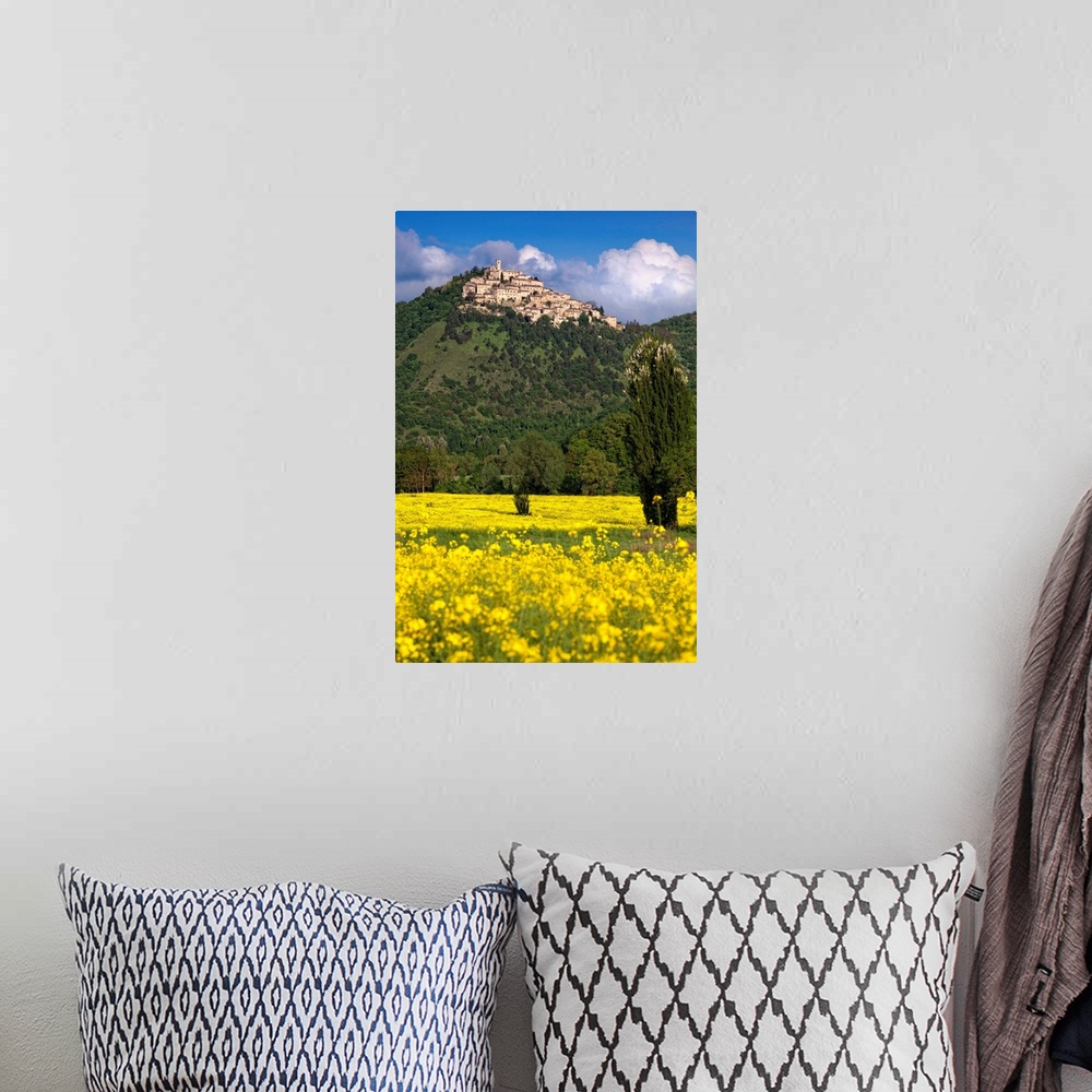 A bohemian room featuring Italy, Labro, View of the town with a field of canola flowers in the foreground