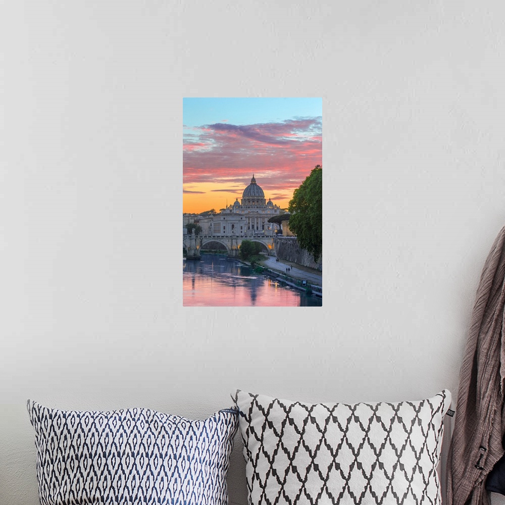 A bohemian room featuring Italy, Latium, Roma district, Rome, St Peter's Basilica, Basilica and Tevere river at sunset
