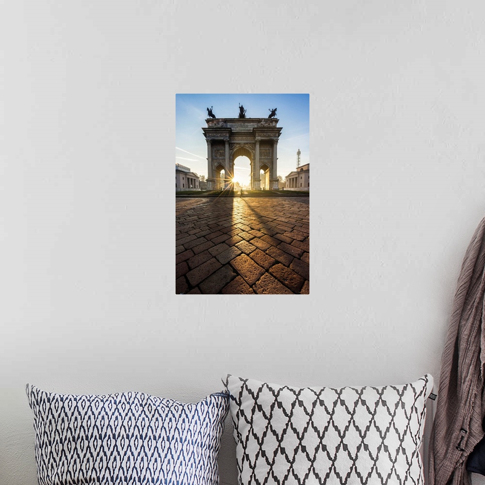 A bohemian room featuring Italy, Lombardy, Milano district, Milan, Porta Sempione or Arco della Pace at sunrise.