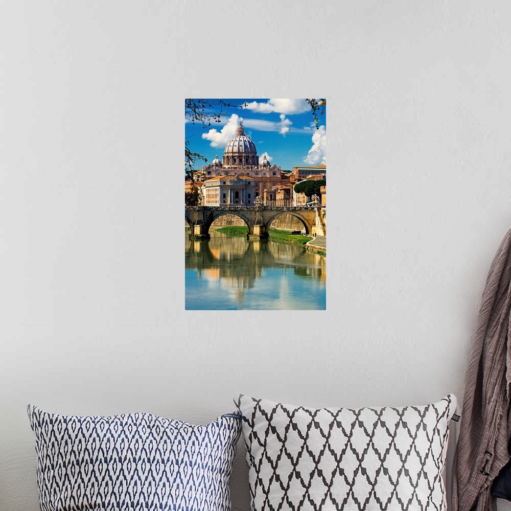 A bohemian room featuring Italy, Rome, View of St Peter basilica trough St Angel Bridge on Tevere river