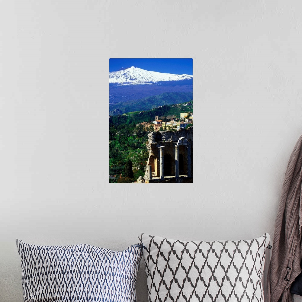 A bohemian room featuring Italy, Sicily, Taormina, Greek theatre, Mount Etna in background