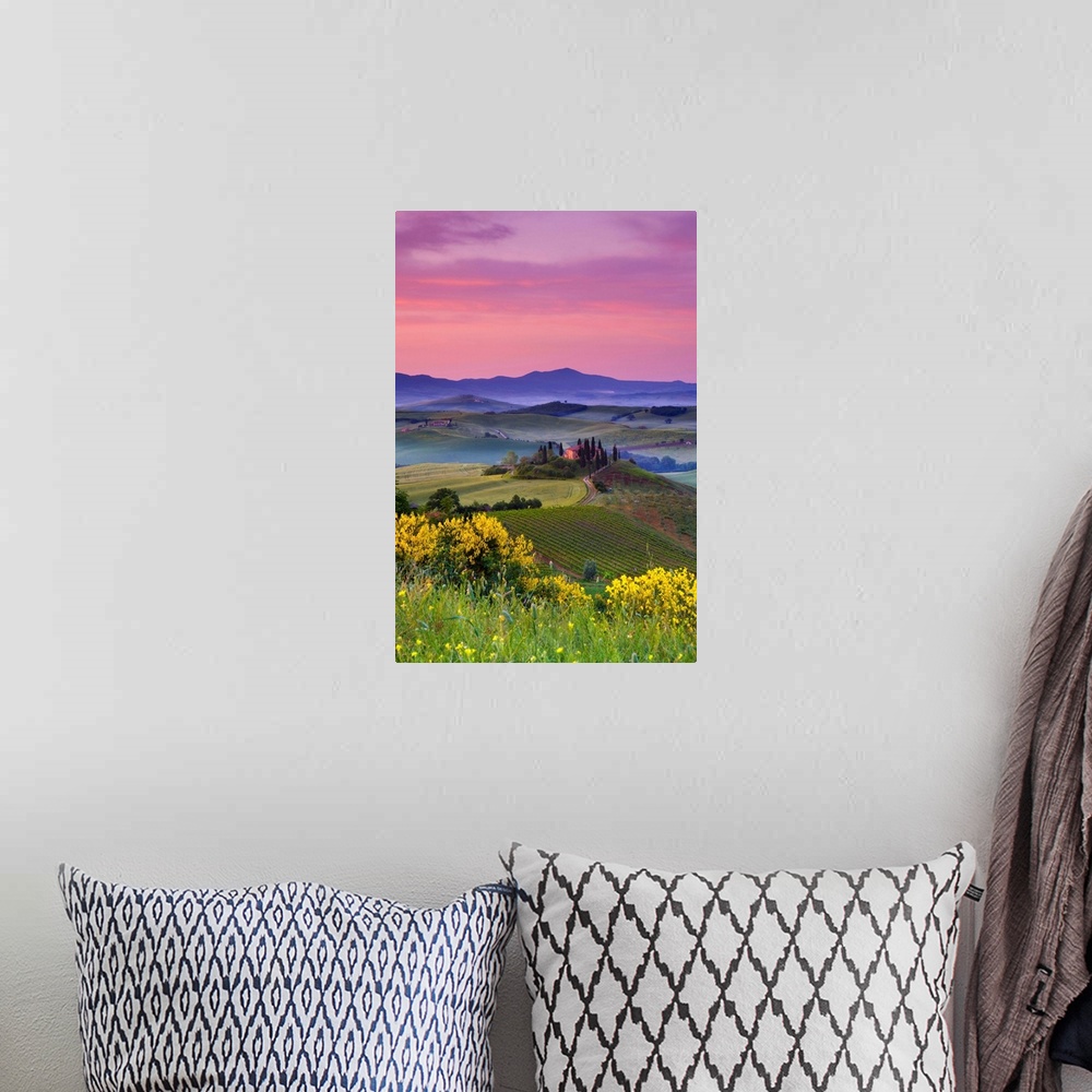 A bohemian room featuring Italy, Tuscany, Orcia Valley, Sunrise over the Belvedere