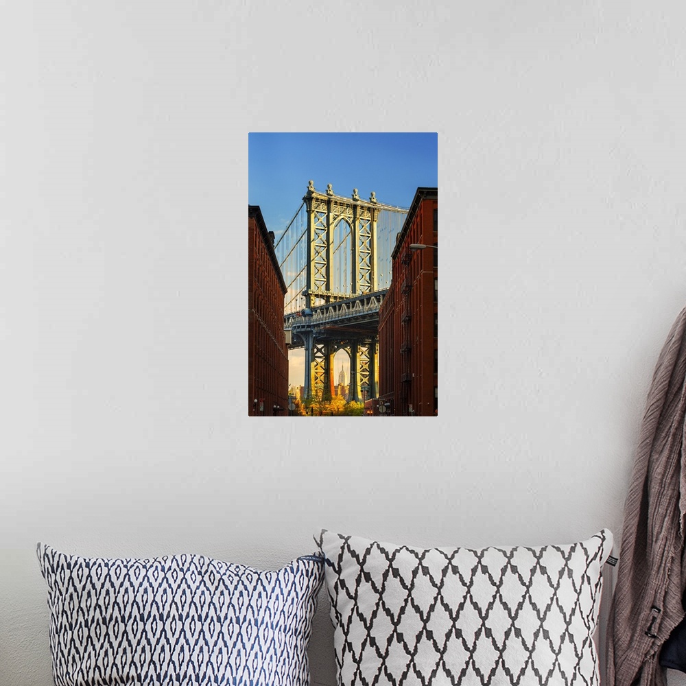 A bohemian room featuring USA, New York City, Brooklyn, Dumbo, Manhattan Bridge, Empire State Building framed by Manhattan ...