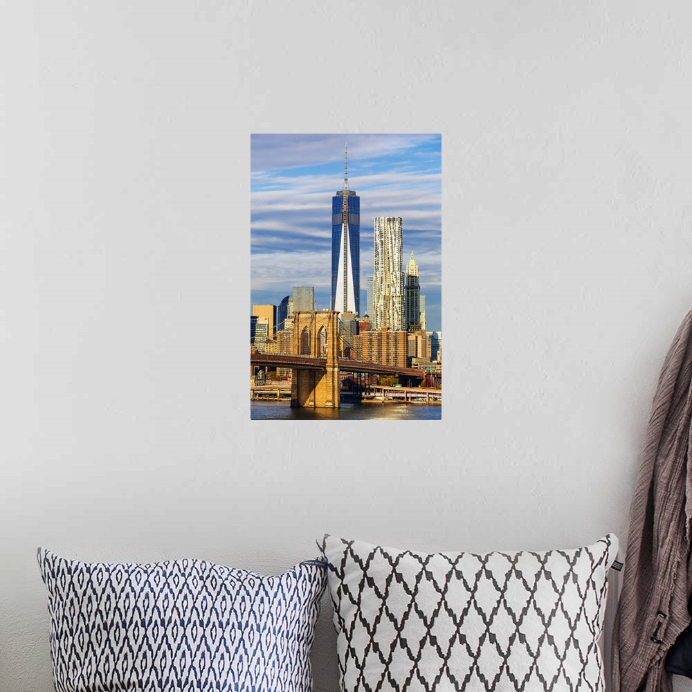 A bohemian room featuring USA, New York City, East River, Manhattan, Brooklyn Bridge, The bridge with the Freedom Tower in ...