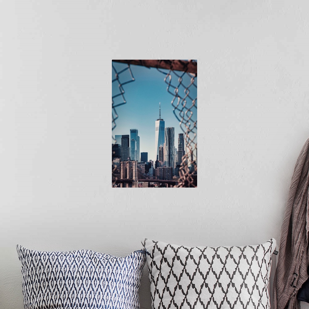 A bohemian room featuring New York City, East River Scene with Lower East Side skyline viewed from Manhattan Bridge.
