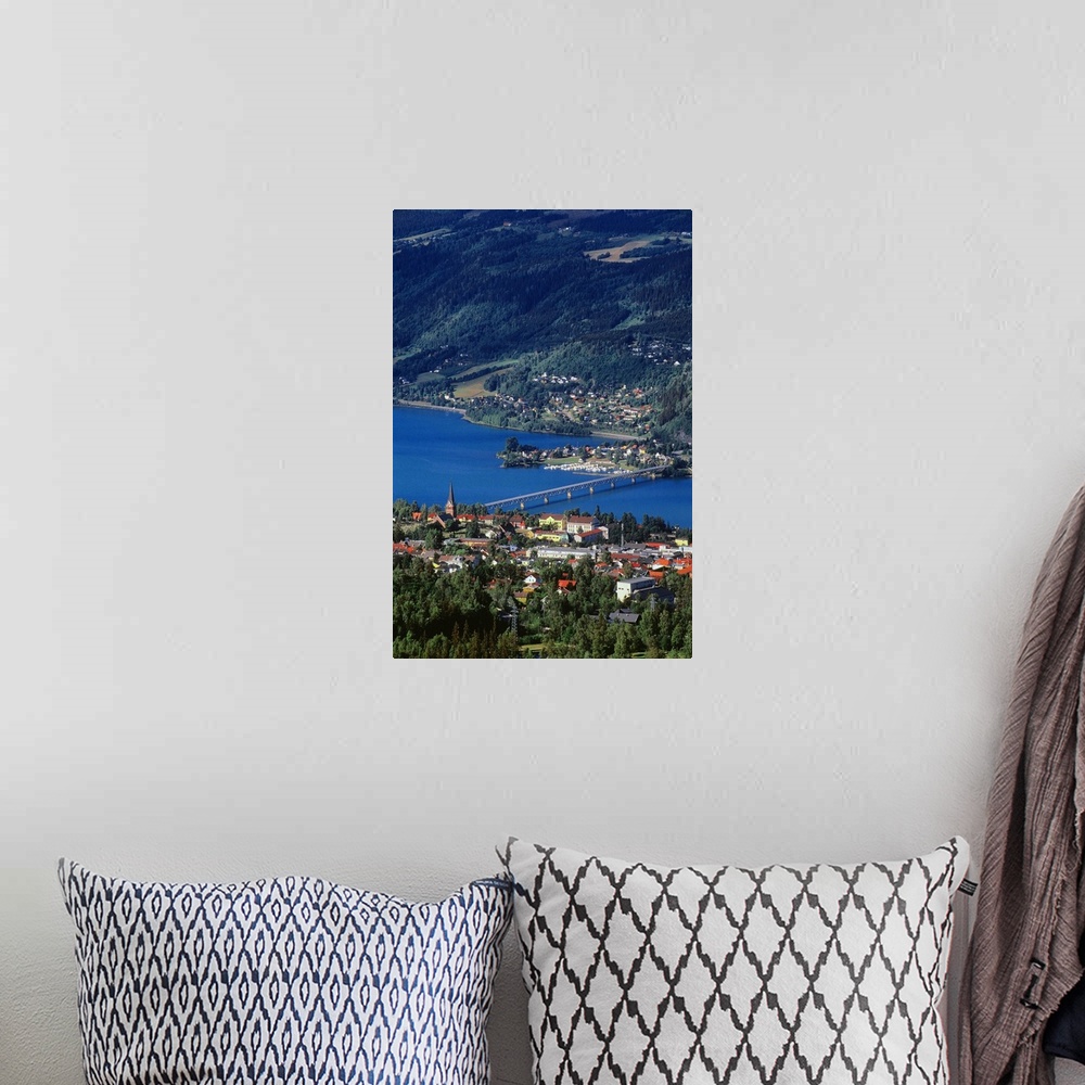 A bohemian room featuring Norway, Oppland, Lillehammer, Panoramic view of the town and the Mjosa lake