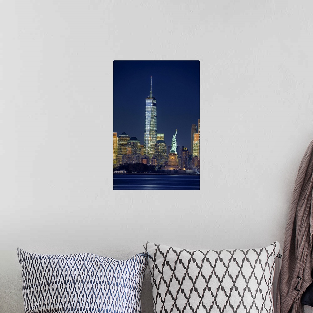A bohemian room featuring USA, New York City, Hudson, Manhattan, Lower Manhattan, Liberty Island, Statue of Liberty, One Wo...