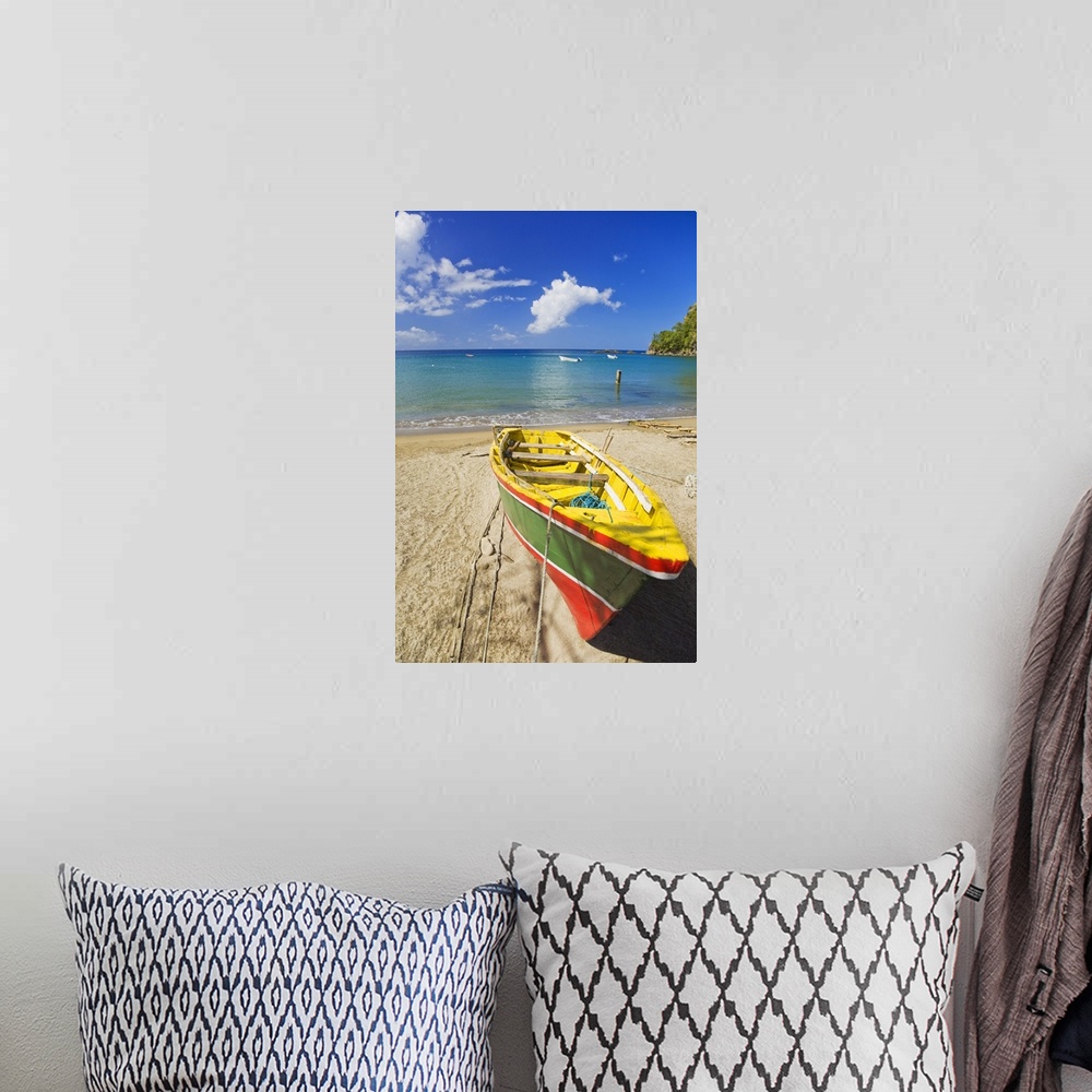 A bohemian room featuring Saint Lucia, Caribbean, Anse la Raye seafront, Fishing boat on the beach
