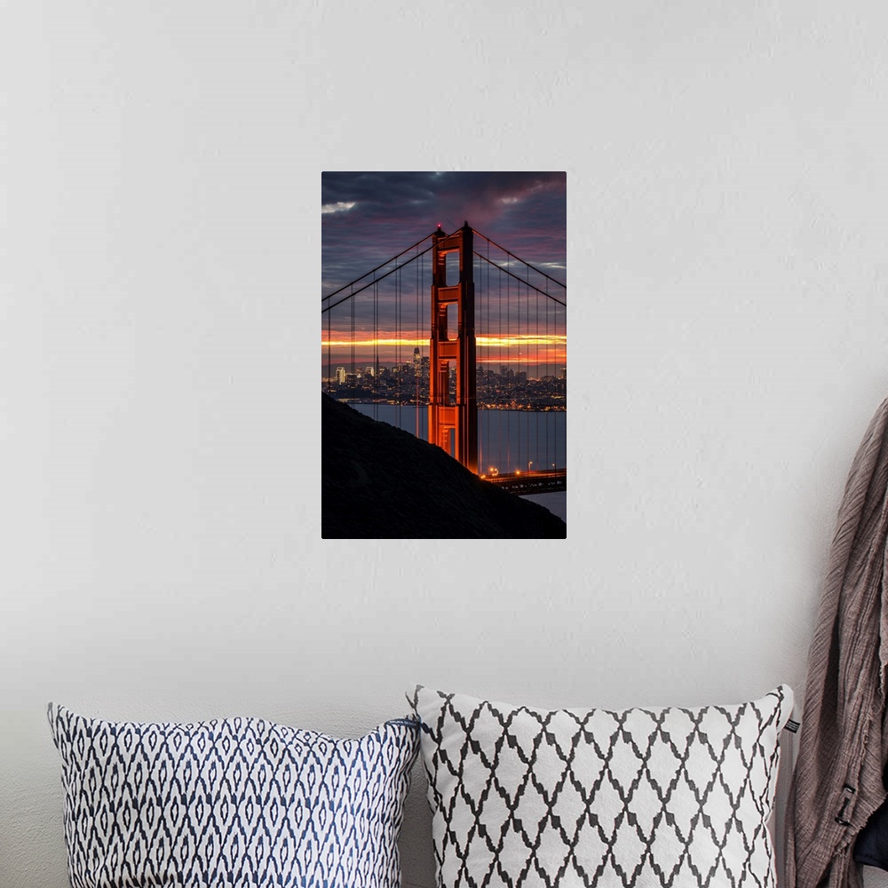 A bohemian room featuring United States, California, San Francisco, Golden Gate Bridge at sunrise