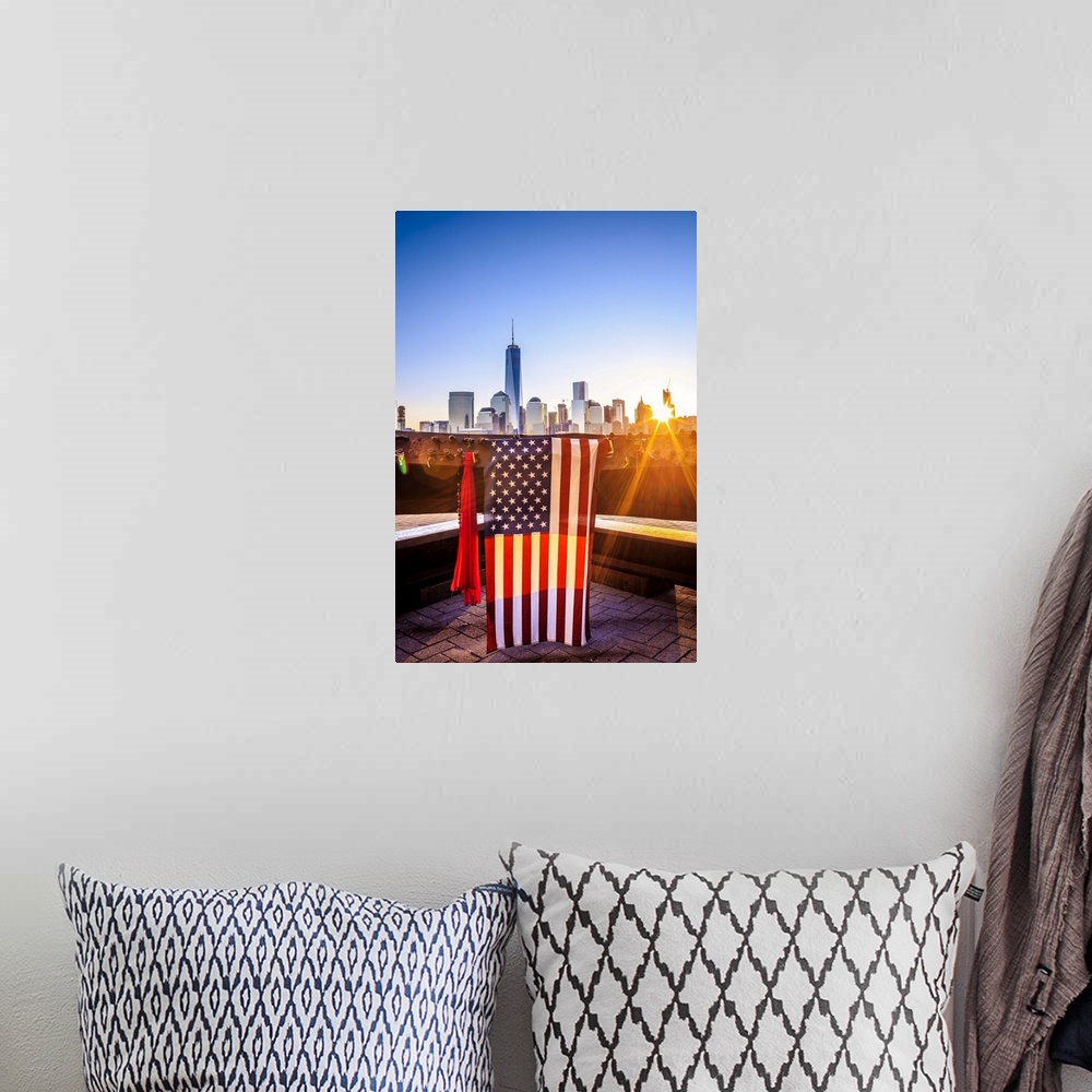 A bohemian room featuring USA, New Jersey, 9-11 memorial in New Jersey, American flags on a steel bar of the destroyed Twin...