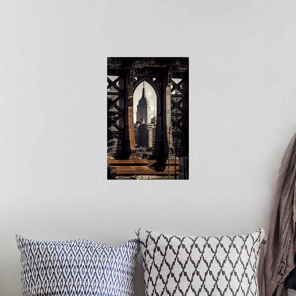 A bohemian room featuring USA, New York City, Brooklyn, Dumbo, Manhattan Bridge, Classic view with Empire State Building fr...