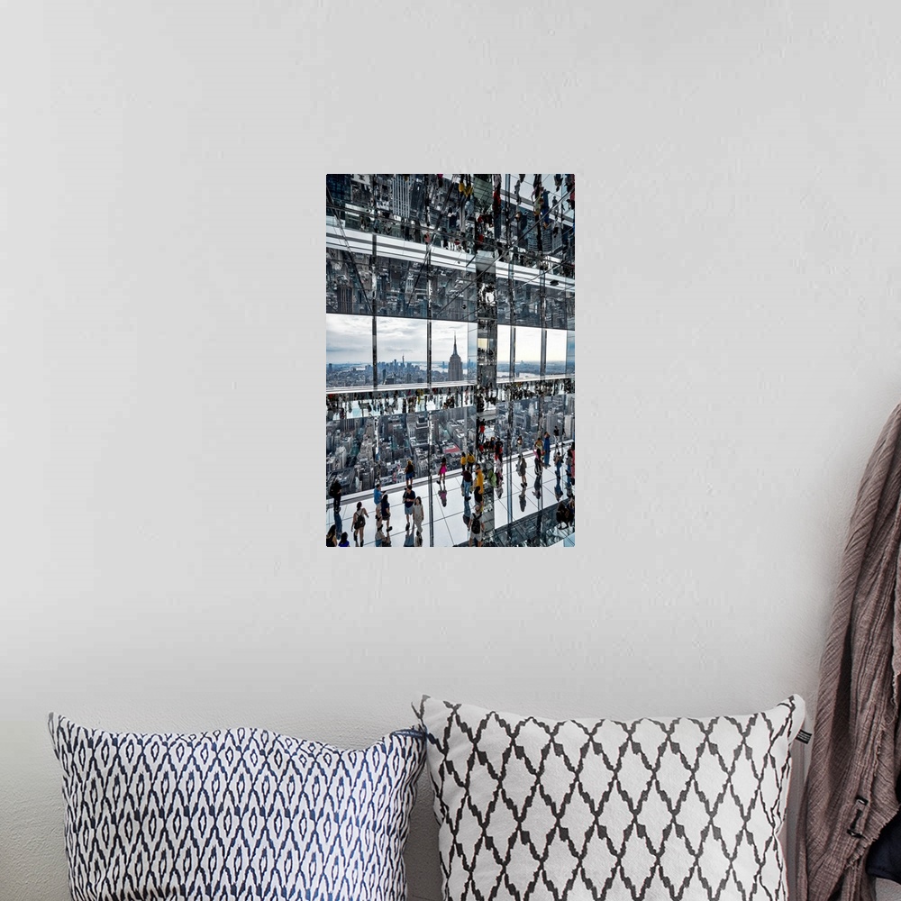 A bohemian room featuring USA, New York City, Manhattan, Summit Building, mirrored view of people walking on glass floor, E...