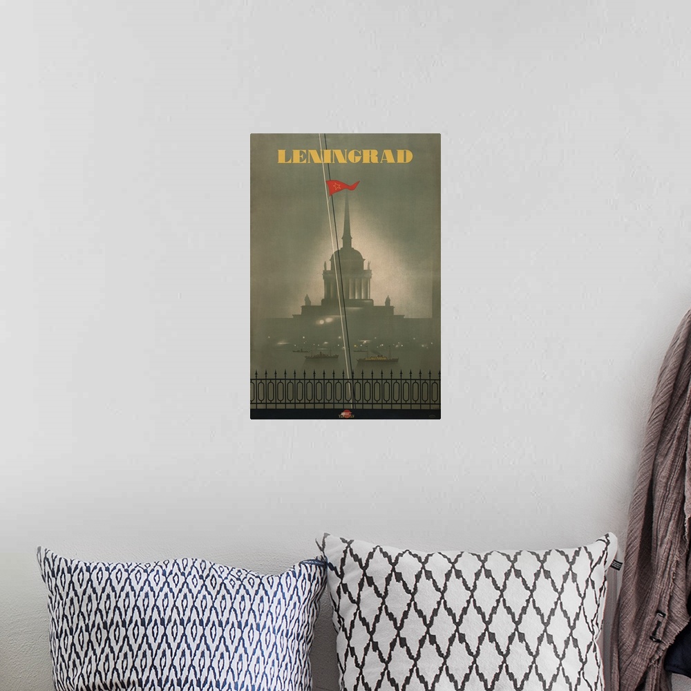 A bohemian room featuring 1950s travel poster for Leningrad, now St. Petersburg. Image shows Russian Admiralty building wit...