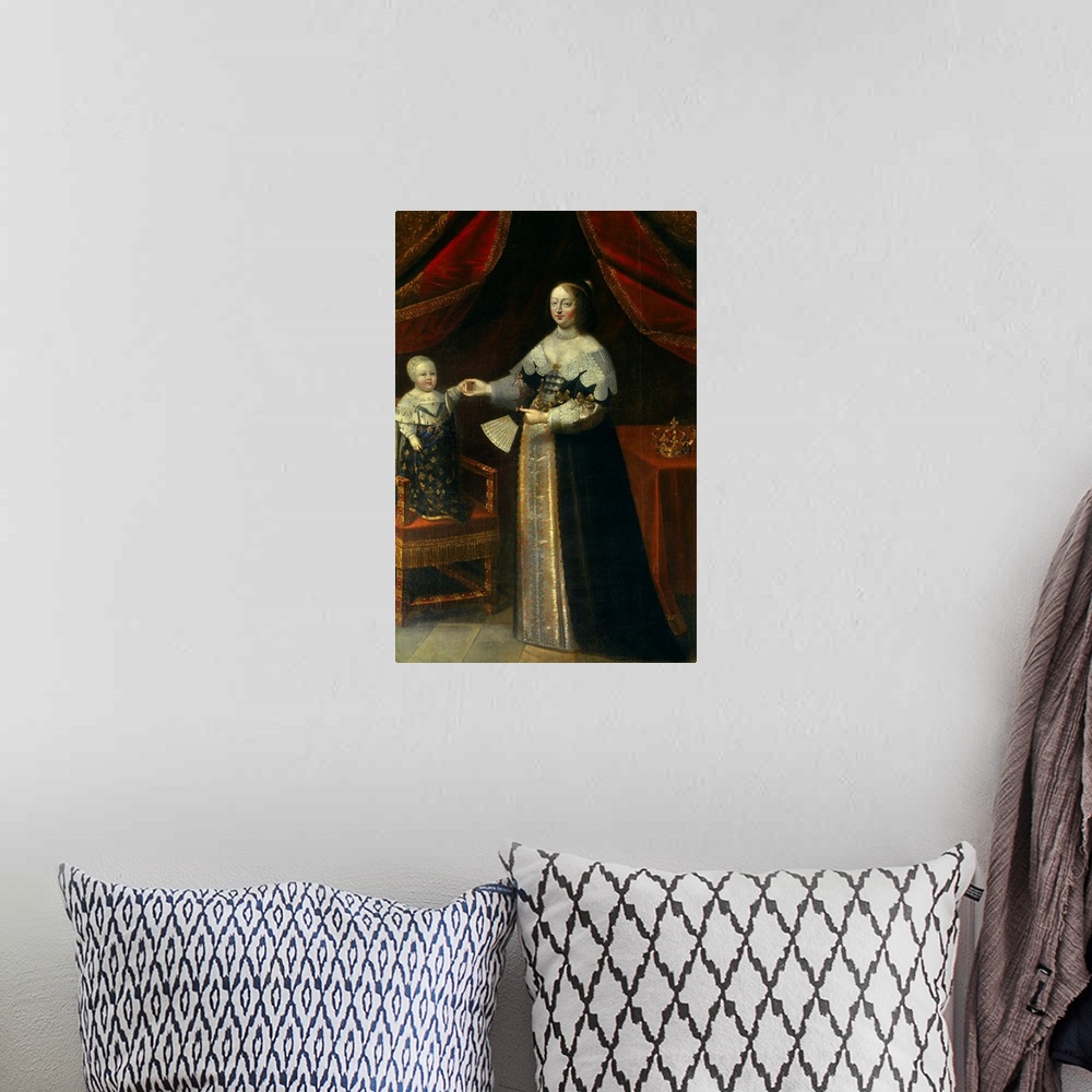 A bohemian room featuring French School. Full length Portrait of Anne of Austria, Queen of France, with Louis XIV as a Chil...