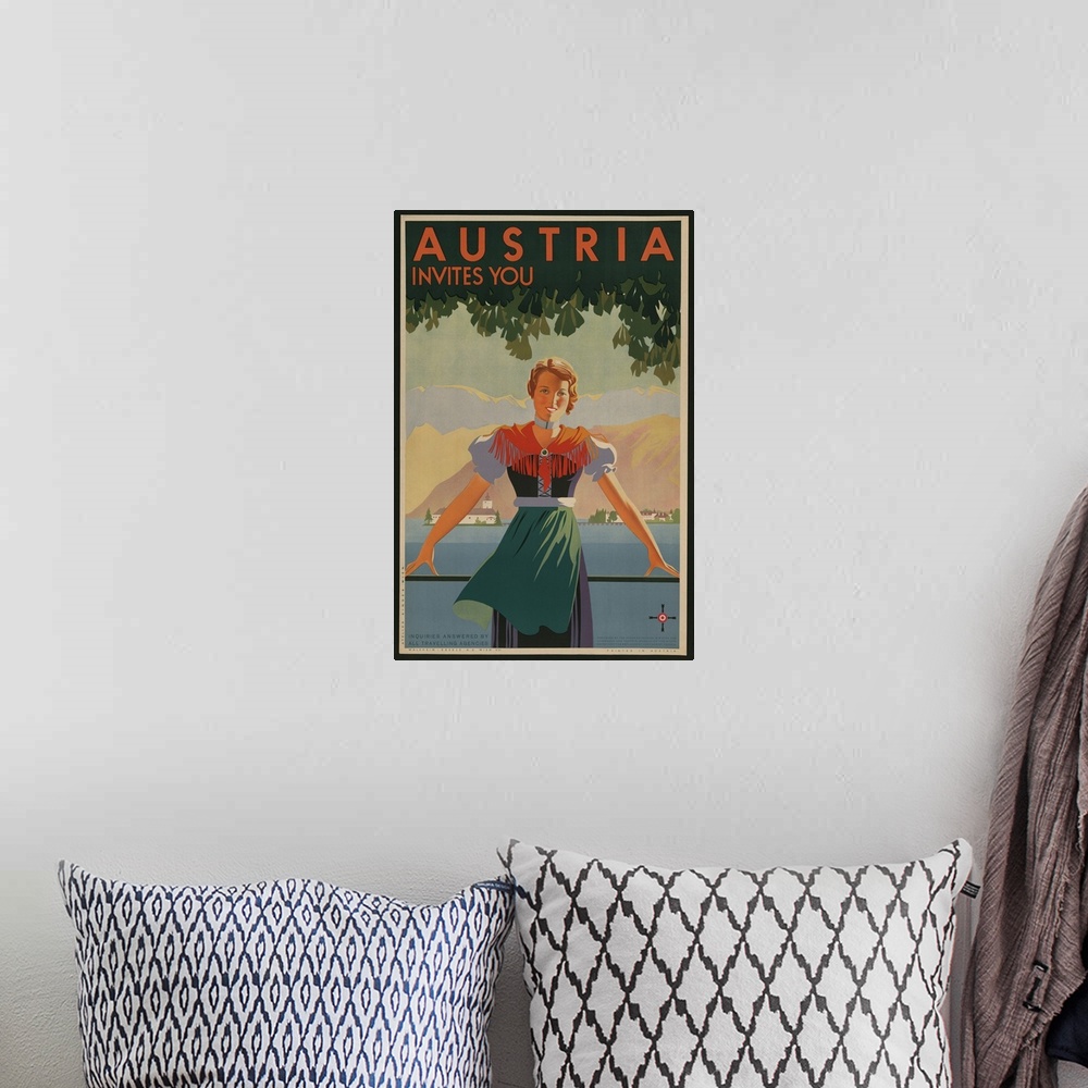 A bohemian room featuring Austria Invites You! 1934 travel poster shows young woman in front of stylized village and mounta...