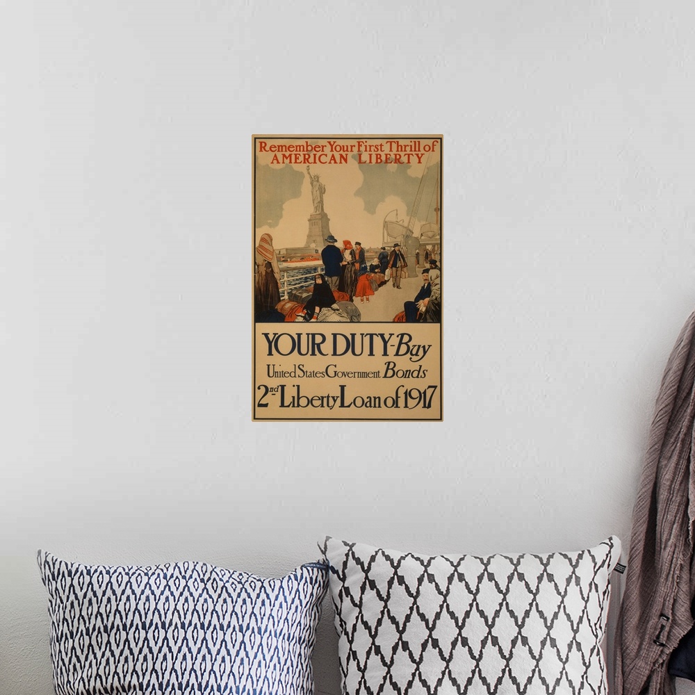 A bohemian room featuring Buy US Government Bonds - Vintage Propaganda Poster