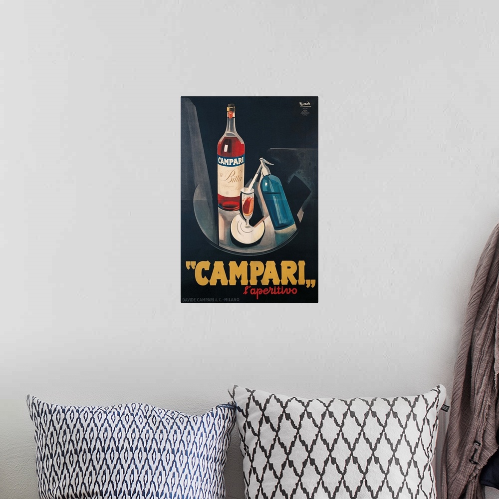 A bohemian room featuring Private Collection. All. Poster advertising Campari aperitif bottle glass soda water black blue r...