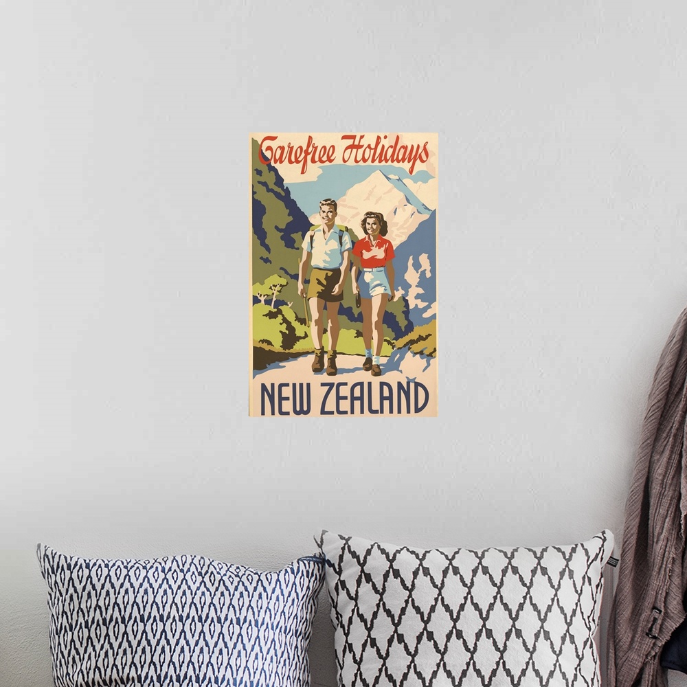 A bohemian room featuring Carefree holidays New Zealand. 1930's travel poster shows a young man and woman hiking in the mou...