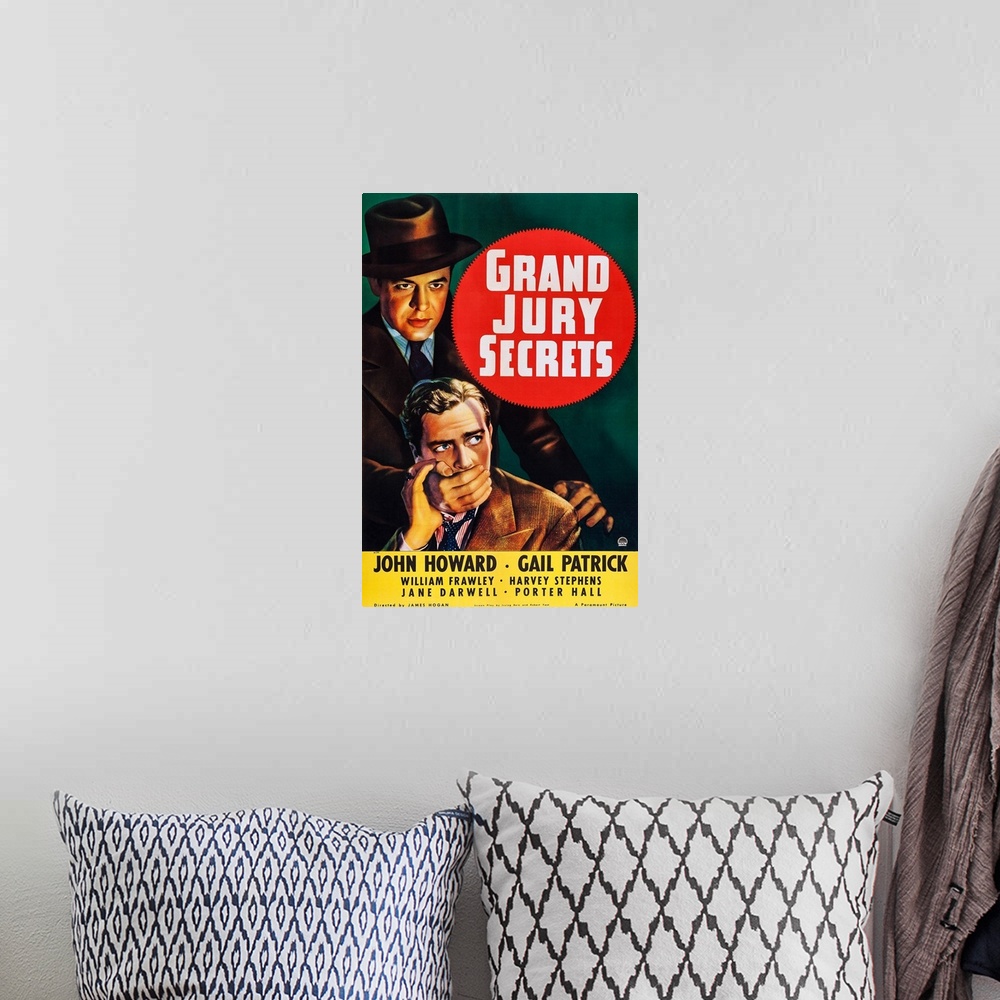 A bohemian room featuring Retro poster artwork for the film Grand Jury Secrets.
