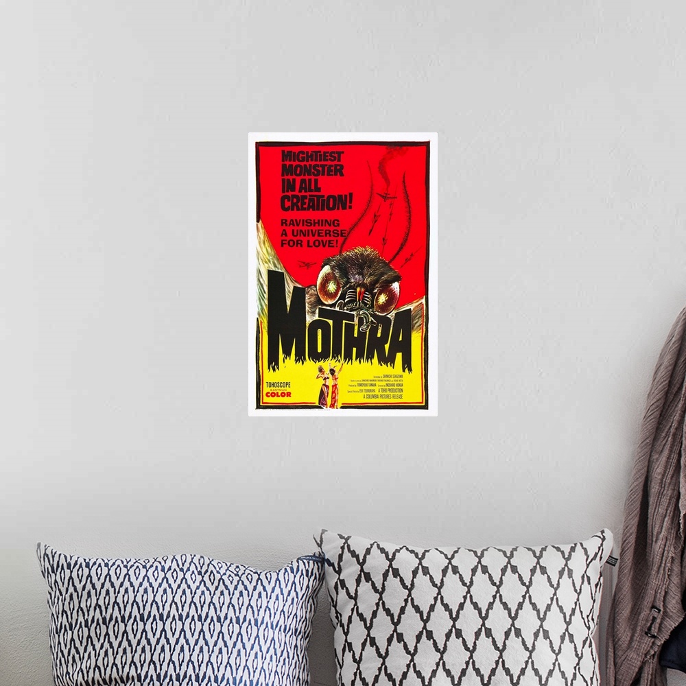 A bohemian room featuring Mothra - Vintage Movie Poster