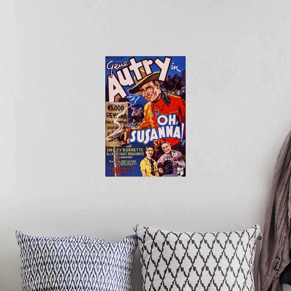 A bohemian room featuring Retro poster artwork for the film Oh, Susanna.