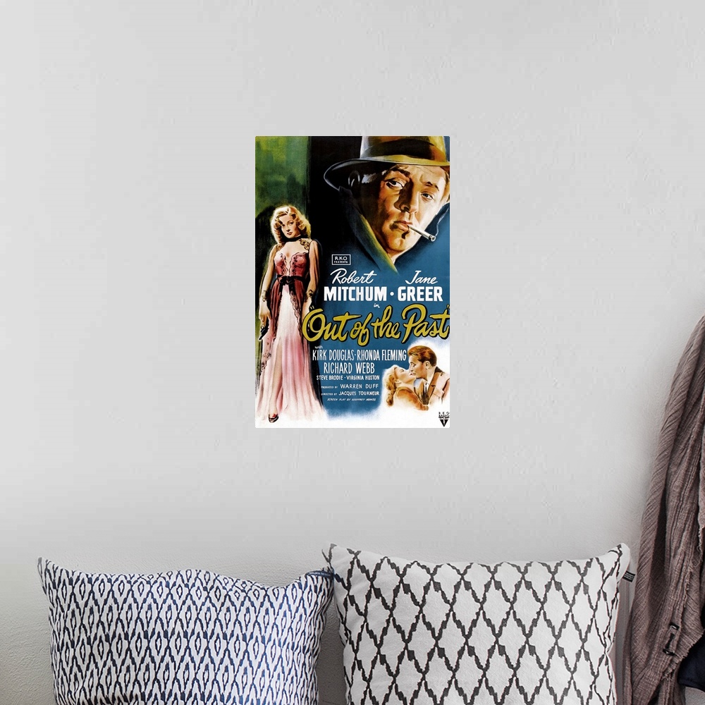 A bohemian room featuring Out of the Past - Vintage Movie Poster