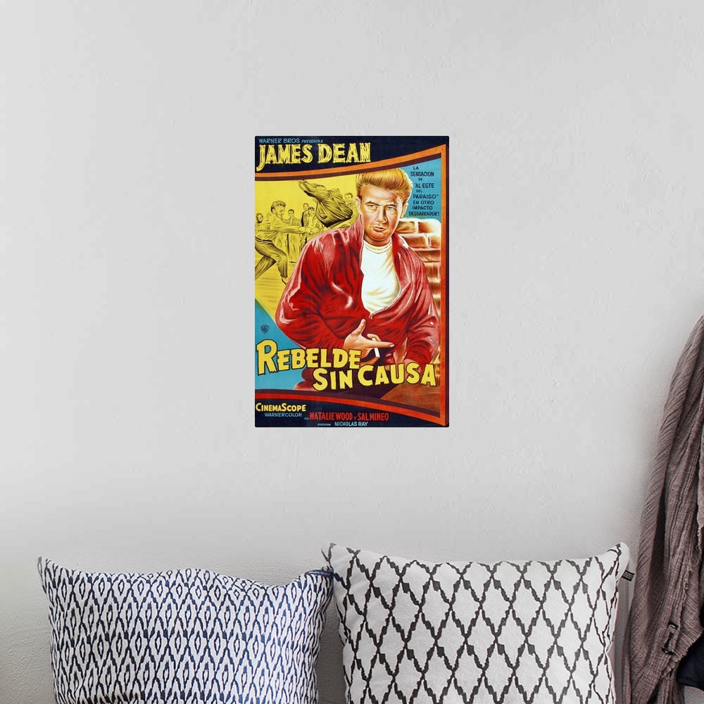A bohemian room featuring Rebel Without A Cause (aka Rebelde Sin Causa), James Dean On Argentinian Poster Art, 1955.